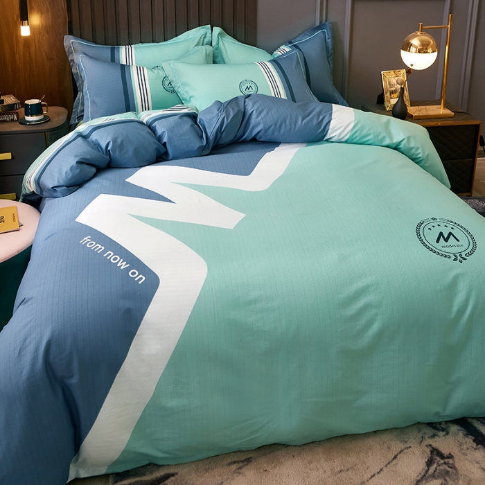 91家纺网 家纺一手货源 找家纺 雲归梦 2021全棉大版四件套休闲格条系列 潮流（兰灰）