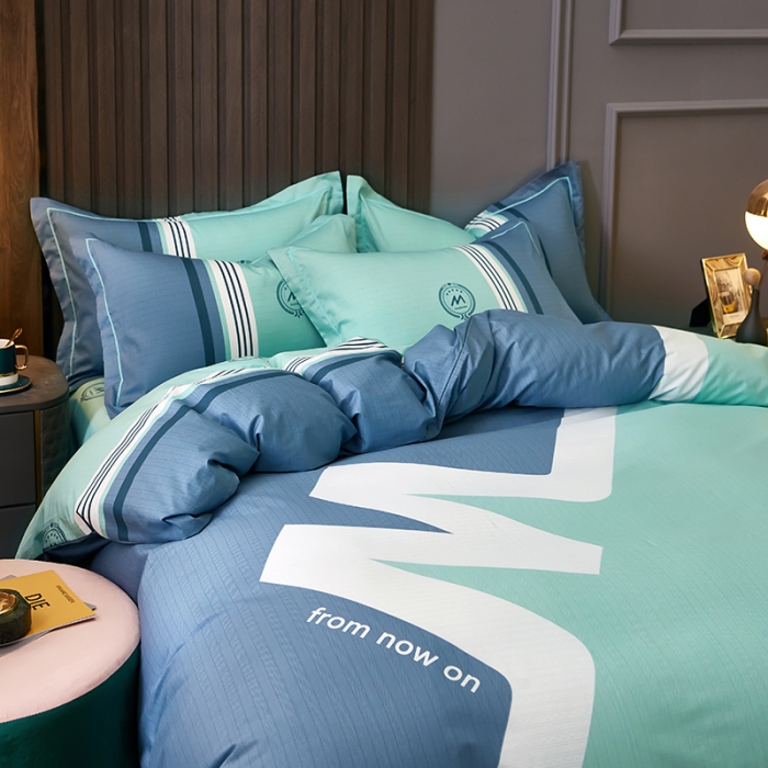 91家纺网 家纺一手货源 找家纺 雲归梦 2021全棉大版四件套休闲格条系列 潮流（兰灰）