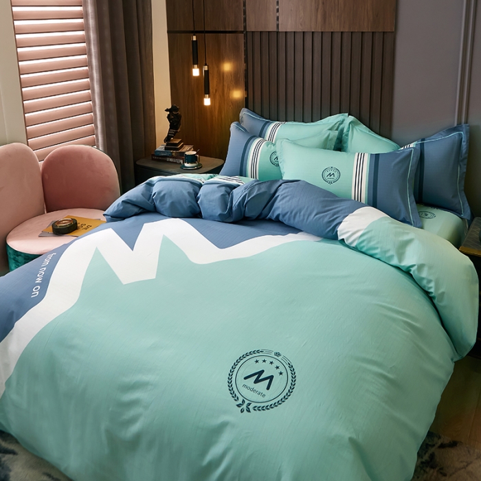 91家纺网 家纺一手货源 找家纺 雲归梦 2021全棉大版四件套休闲格条系列 潮流（兰灰）