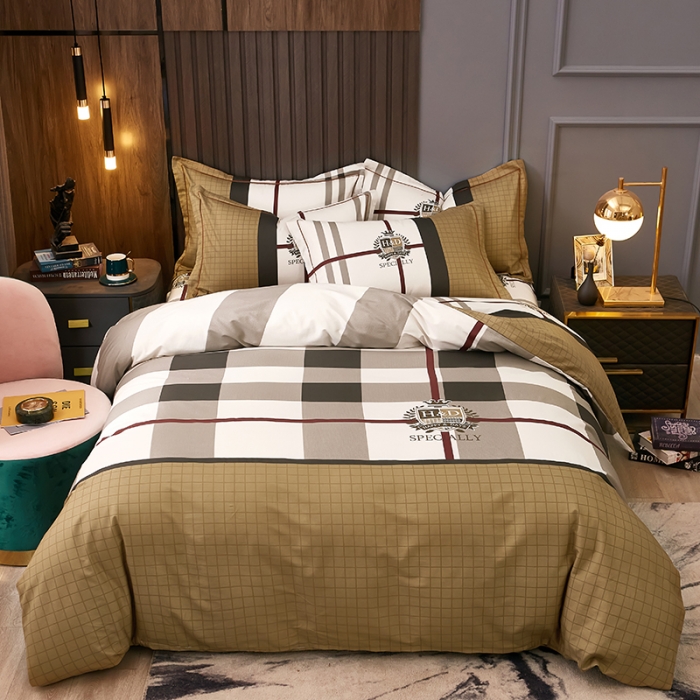 91家纺网 家纺一手货源 找家纺 雲归梦 2021全棉大版四件套休闲格条系列 宝格力（咖）