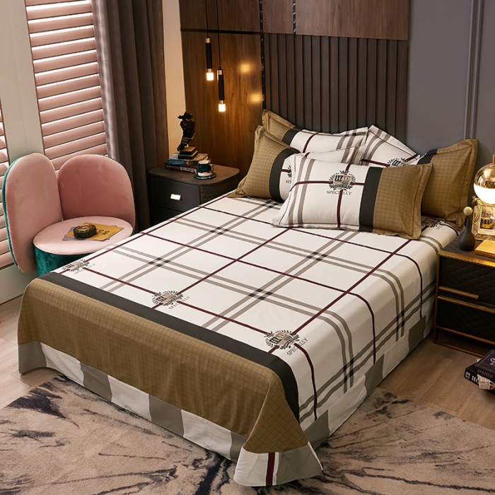 91家纺网 家纺一手货源 找家纺 雲归梦 2021全棉大版四件套休闲格条系列 宝格力（咖）