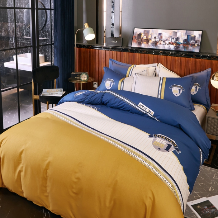 91家纺网 家纺一手货源 找家纺 雲归梦 2021全棉大版四件套休闲格条系列 卡地亚-黄