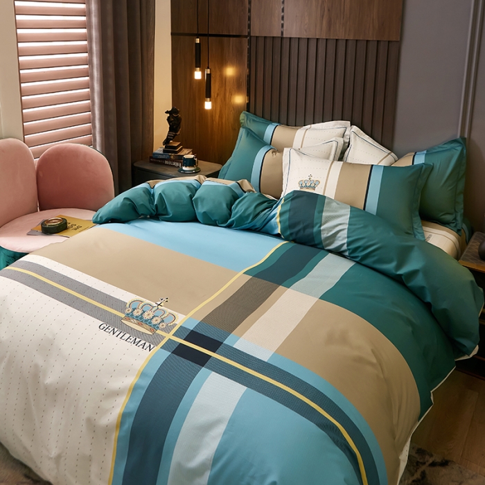 91家纺网 家纺一手货源 找家纺 雲归梦 2021全棉大版四件套休闲格条系列 来生缘