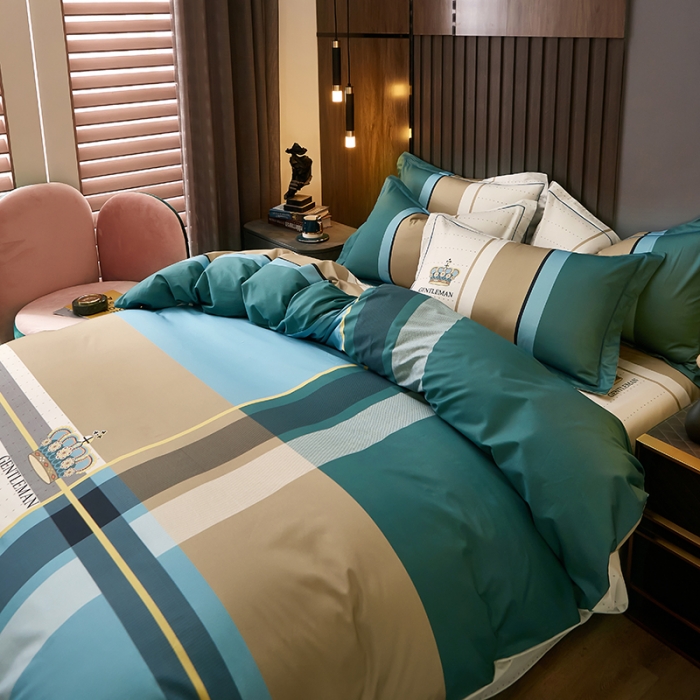 91家纺网 家纺一手货源 找家纺 雲归梦 2021全棉大版四件套休闲格条系列 来生缘