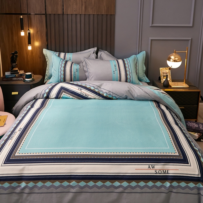 91家纺网 家纺一手货源 找家纺 雲归梦 2021全棉大版四件套休闲格条系列 天长地久