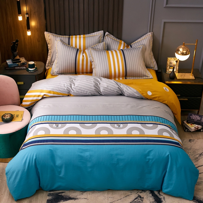 91家纺网 家纺一手货源 找家纺 雲归梦 2021全棉大版四件套休闲格条系列 寻彩（兰）