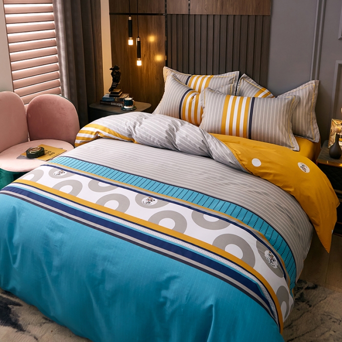 91家纺网 家纺一手货源 找家纺 雲归梦 2021全棉大版四件套休闲格条系列 寻彩（兰）