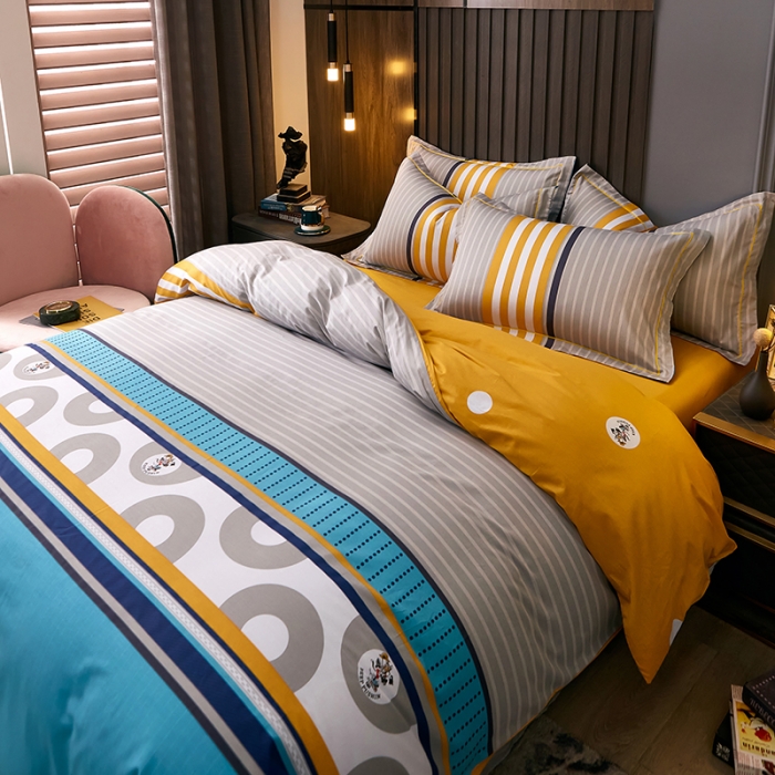 91家纺网 家纺一手货源 找家纺 雲归梦 2021全棉大版四件套休闲格条系列 寻彩（兰）