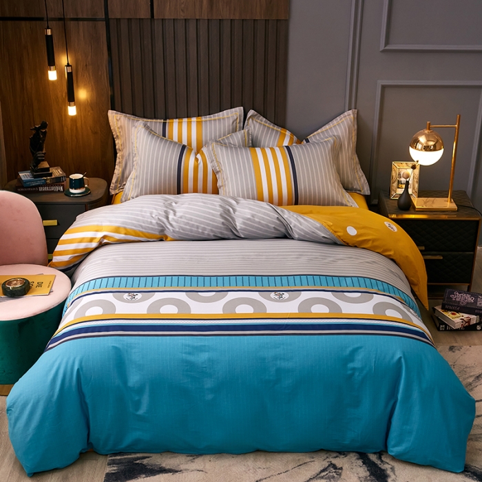 91家纺网 家纺一手货源 找家纺 雲归梦 2021全棉大版四件套休闲格条系列 寻彩（兰）