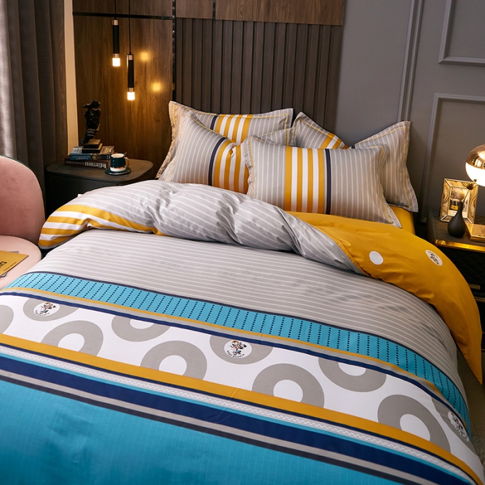 91家纺网 家纺一手货源 找家纺 雲归梦 2021全棉大版四件套休闲格条系列 寻彩（兰）