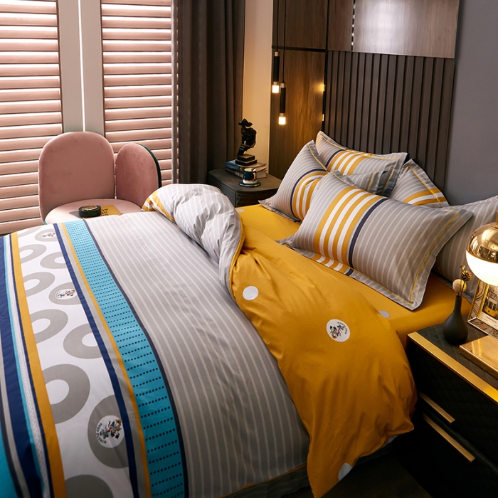 91家纺网 家纺一手货源 找家纺 雲归梦 2021全棉大版四件套休闲格条系列 寻彩（兰）