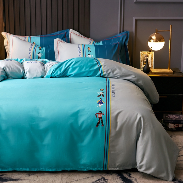 91家纺网 家纺一手货源 找家纺 雲归梦 2021全棉大版四件套休闲格条系列 衍生（蓝）