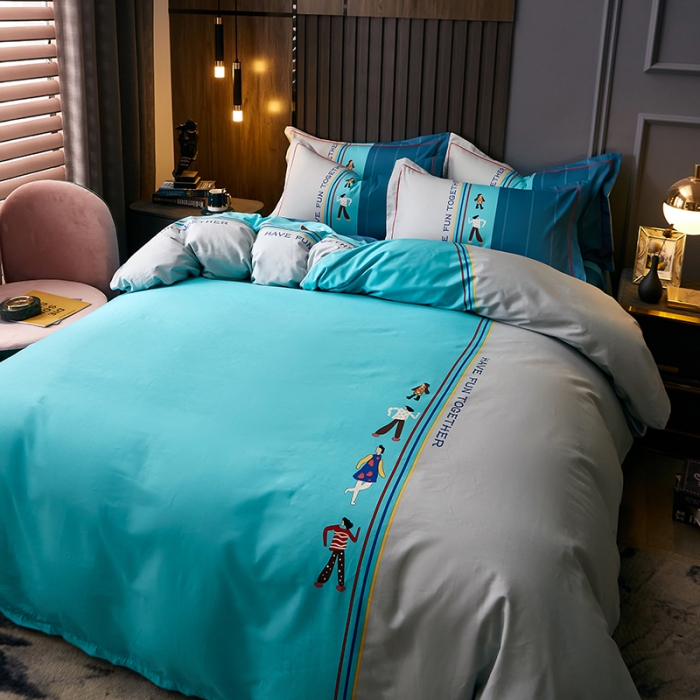 91家纺网 家纺一手货源 找家纺 雲归梦 2021全棉大版四件套休闲格条系列 衍生（蓝）