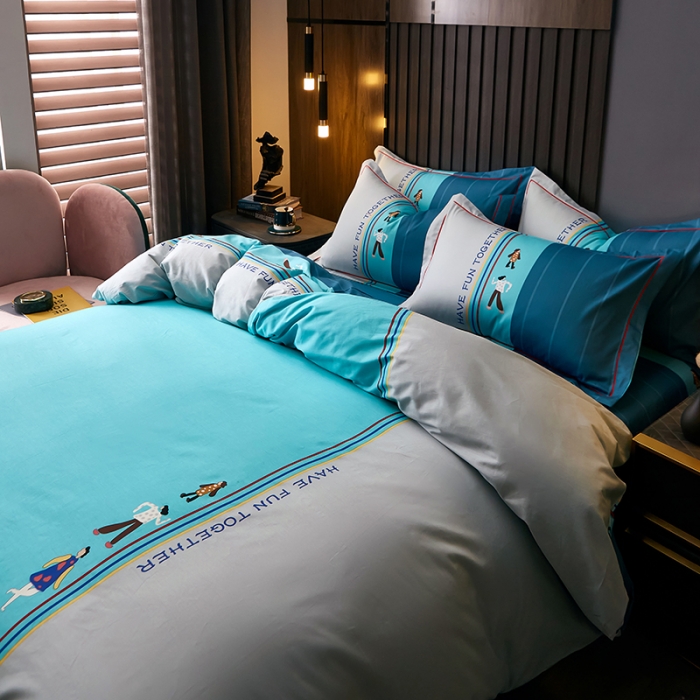 91家纺网 家纺一手货源 找家纺 雲归梦 2021全棉大版四件套休闲格条系列 衍生（蓝）