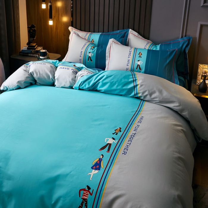 91家纺网 家纺一手货源 找家纺 雲归梦 2021全棉大版四件套休闲格条系列 衍生（蓝）