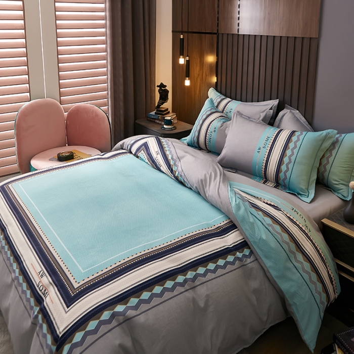 91家纺网 家纺一手货源 找家纺 雲归梦 2021全棉大版四件套休闲格条系列 天长地久