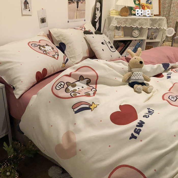 91家纺网 家纺一手货源 找家纺 HL原创 2021新款13372全棉四件套 爱心奶牛