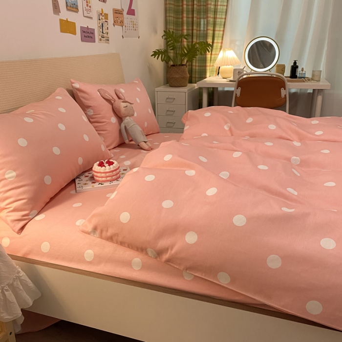 91家纺网 家纺一手货源 找家纺 梦家居 2021新款全棉波点系列四件套 波点浅粉