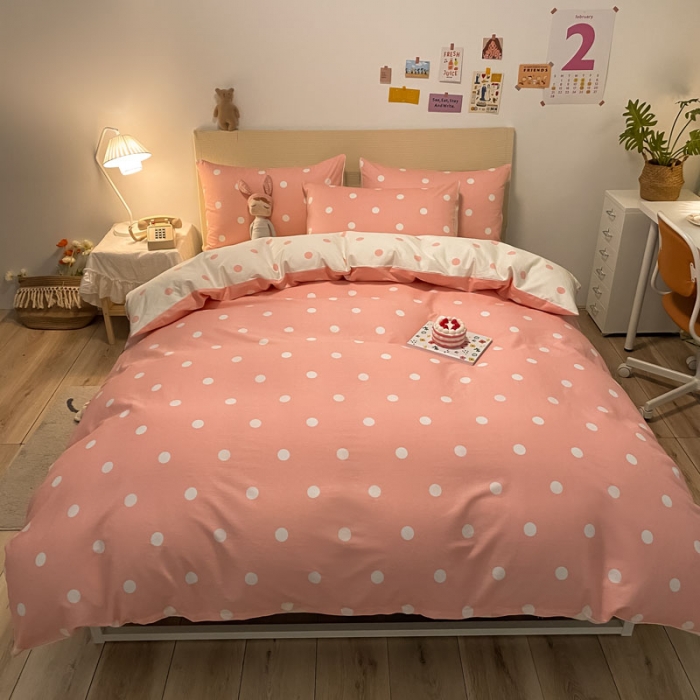 91家纺网 家纺一手货源 找家纺 梦家居 2021新款全棉波点系列四件套 波点浅粉白