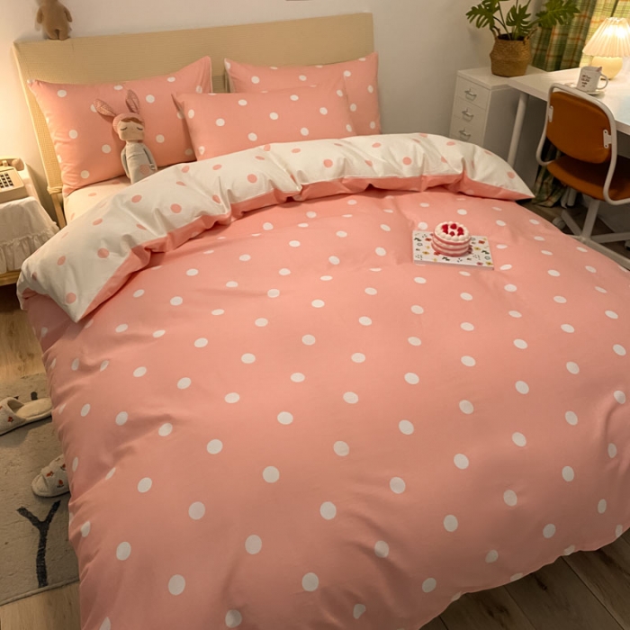 91家纺网 家纺一手货源 找家纺 梦家居 2021新款全棉波点系列四件套 波点浅粉白