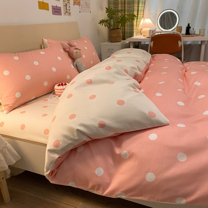 91家纺网 家纺一手货源 找家纺 梦家居 2021新款全棉波点系列四件套 波点浅粉白