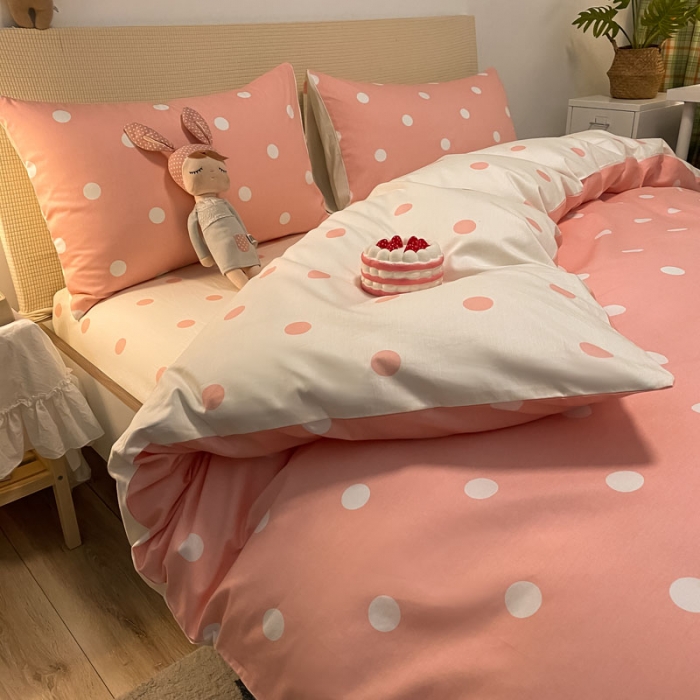 91家纺网 家纺一手货源 找家纺 梦家居 2021新款全棉波点系列四件套 波点浅粉白