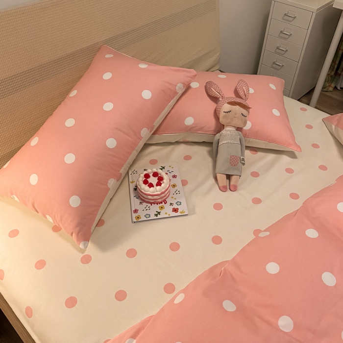 91家纺网 家纺一手货源 找家纺 梦家居 2021新款全棉波点系列四件套 波点浅粉白