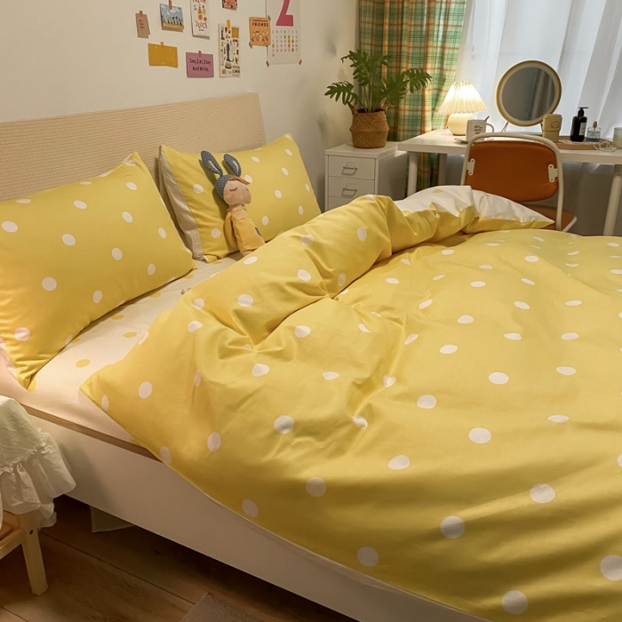 91家纺网 家纺一手货源 找家纺 梦家居 2021新款全棉波点系列四件套 波点浅黄白