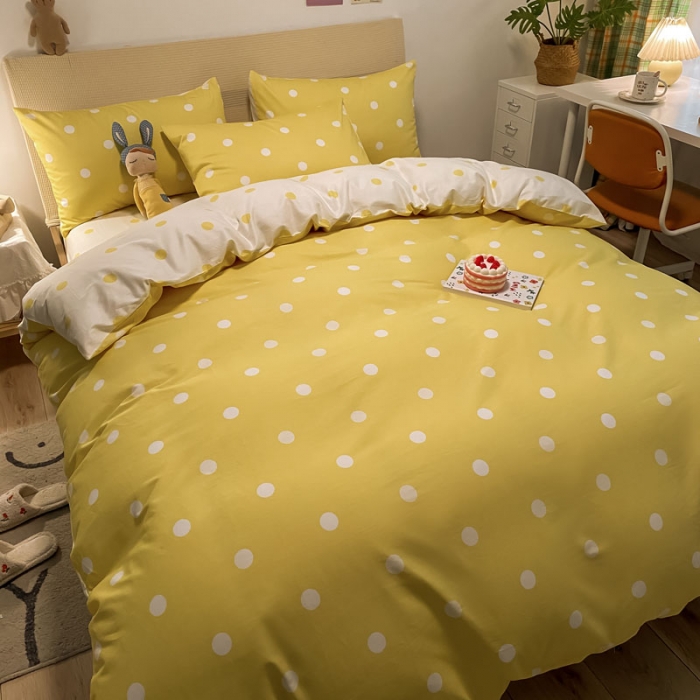 91家纺网 家纺一手货源 找家纺 梦家居 2021新款全棉波点系列四件套 波点浅黄白