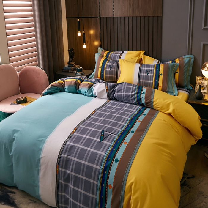 91家纺网 家纺一手货源 找家纺 （总）雲归梦 2021全棉大版四件套休闲格条系列