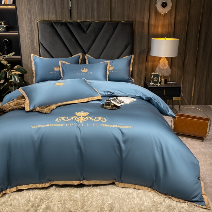 91家纺网 家纺一手货源 找家纺 安妮家居 2021新款皇冠100s长绒棉四件套 宾利蓝