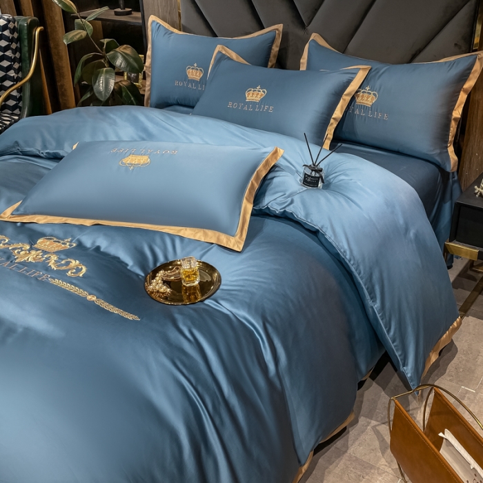 91家纺网 家纺一手货源 找家纺 安妮家居 2021新款皇冠100s长绒棉四件套 宾利蓝