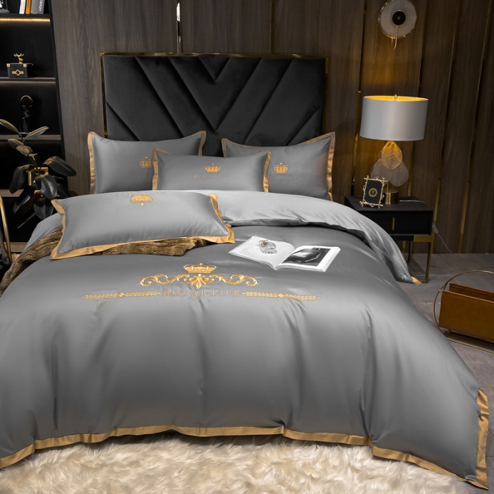 91家纺网 家纺一手货源 找家纺 安妮家居 2021新款皇冠100s长绒棉四件套 高级灰