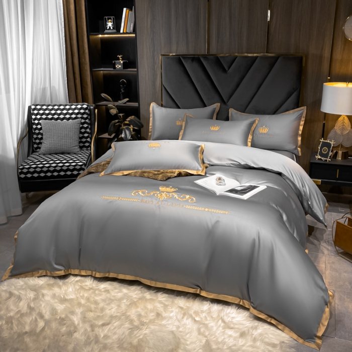 91家纺网 家纺一手货源 找家纺 安妮家居 2021新款皇冠100s长绒棉四件套 高级灰