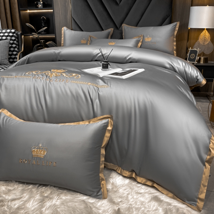 91家纺网 家纺一手货源 找家纺 安妮家居 2021新款皇冠100s长绒棉四件套 高级灰