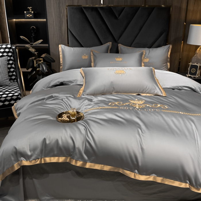 91家纺网 家纺一手货源 找家纺 安妮家居 2021新款皇冠100s长绒棉四件套 高级灰