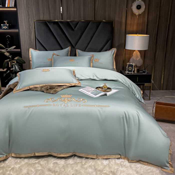 91家纺网 家纺一手货源 找家纺 安妮家居 2021新款皇冠100s长绒棉四件套 雾霾蓝