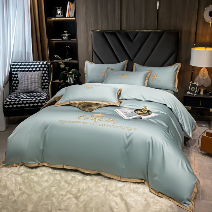 91家纺网 家纺一手货源 找家纺 安妮家居 2021新款皇冠100s长绒棉四件套 雾霾蓝