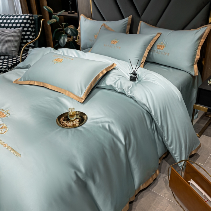 91家纺网 家纺一手货源 找家纺 安妮家居 2021新款皇冠100s长绒棉四件套 雾霾蓝