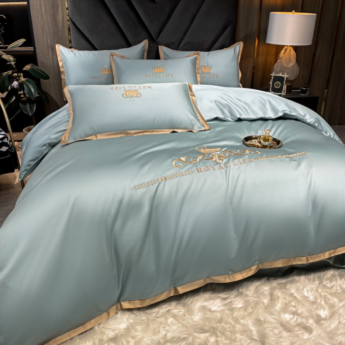 91家纺网 家纺一手货源 找家纺 安妮家居 2021新款皇冠100s长绒棉四件套 雾霾蓝