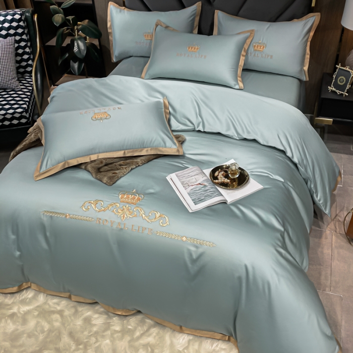 91家纺网 家纺一手货源 找家纺 安妮家居 2021新款皇冠100s长绒棉四件套 雾霾蓝