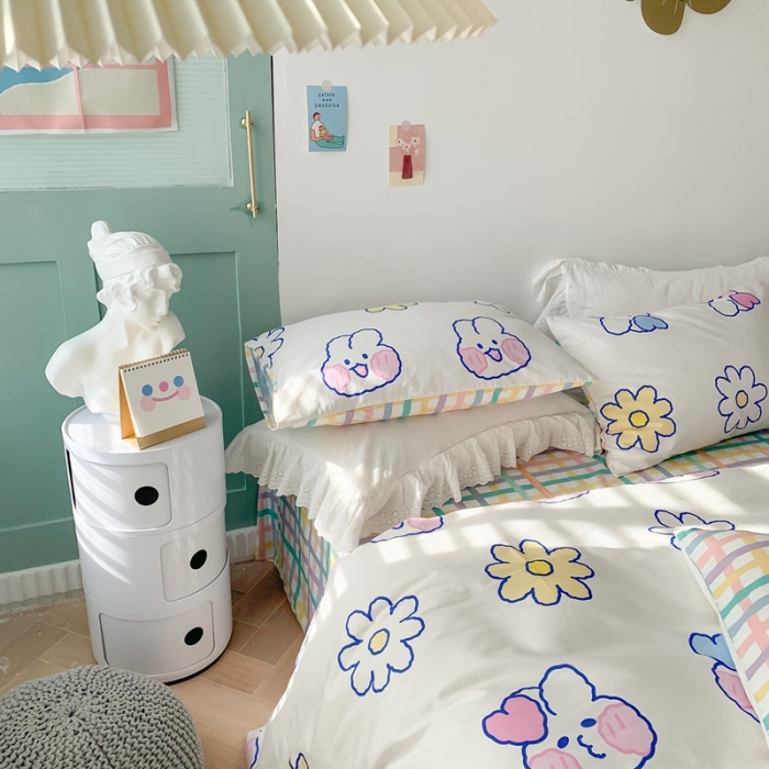 91家纺网 家纺一手货源 找家纺 澳萝拉 2021新款印花全棉四件套 花朵兔兔