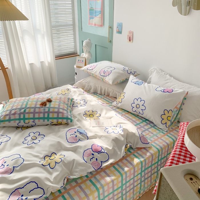 91家纺网 家纺一手货源 找家纺 澳萝拉 2021新款印花全棉四件套 花朵兔兔