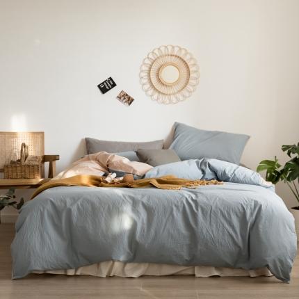 91家纺网 家纺一手货源 找家纺 全棉40s加厚双拼四件套浅蓝-卡其