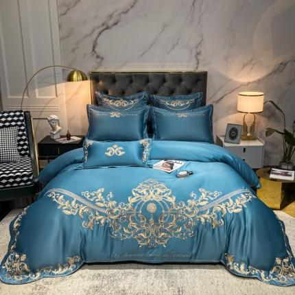 91家纺网 家纺一手货源 找家纺 博纳 60s水洗真丝13372喷气全棉刺绣四件套—兰迪 蓝灰