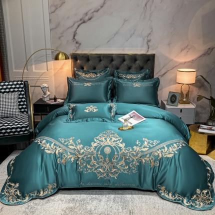 91家纺网 家纺一手货源 找家纺 博纳 60s水洗真丝13372喷气全棉刺绣四件套—兰迪 墨绿