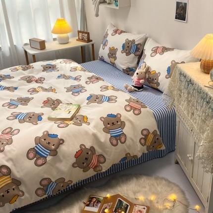 91家纺网 家纺一手货源 找家纺 捌月13372喷气全棉摩登熊四件套 海军熊