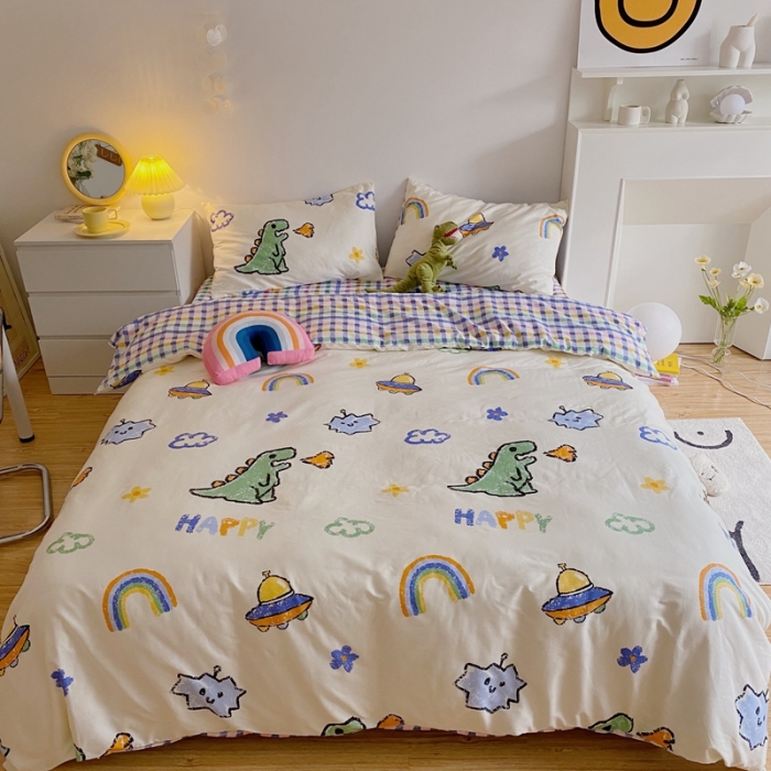 91家纺网 家纺一手货源 找家纺 星期八 2021新款13372你好春天系列四件套 happy恐龙