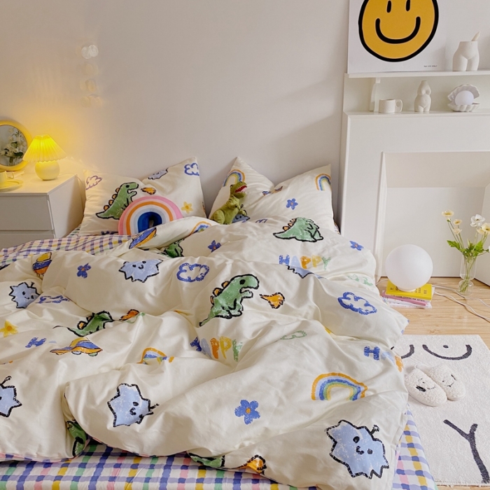 91家纺网 家纺一手货源 找家纺 星期八 2021新款13372你好春天系列四件套 happy恐龙