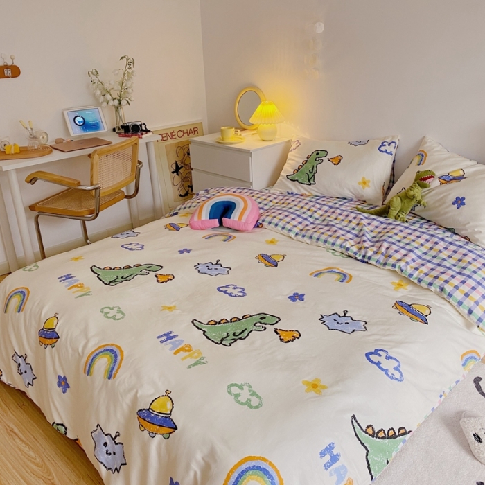 91家纺网 家纺一手货源 找家纺 星期八 2021新款13372你好春天系列四件套 happy恐龙